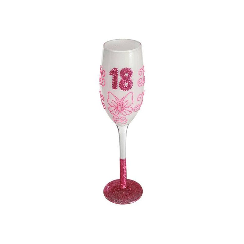 Flute A Champagne Blanche 18 Ans Ecriture Rose En Glitter Cadeau D Anniversaire